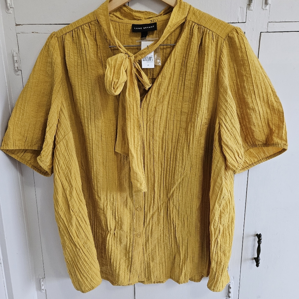 NWT Lane Bryant mustard yellow short sleeved tie blouse Size 20